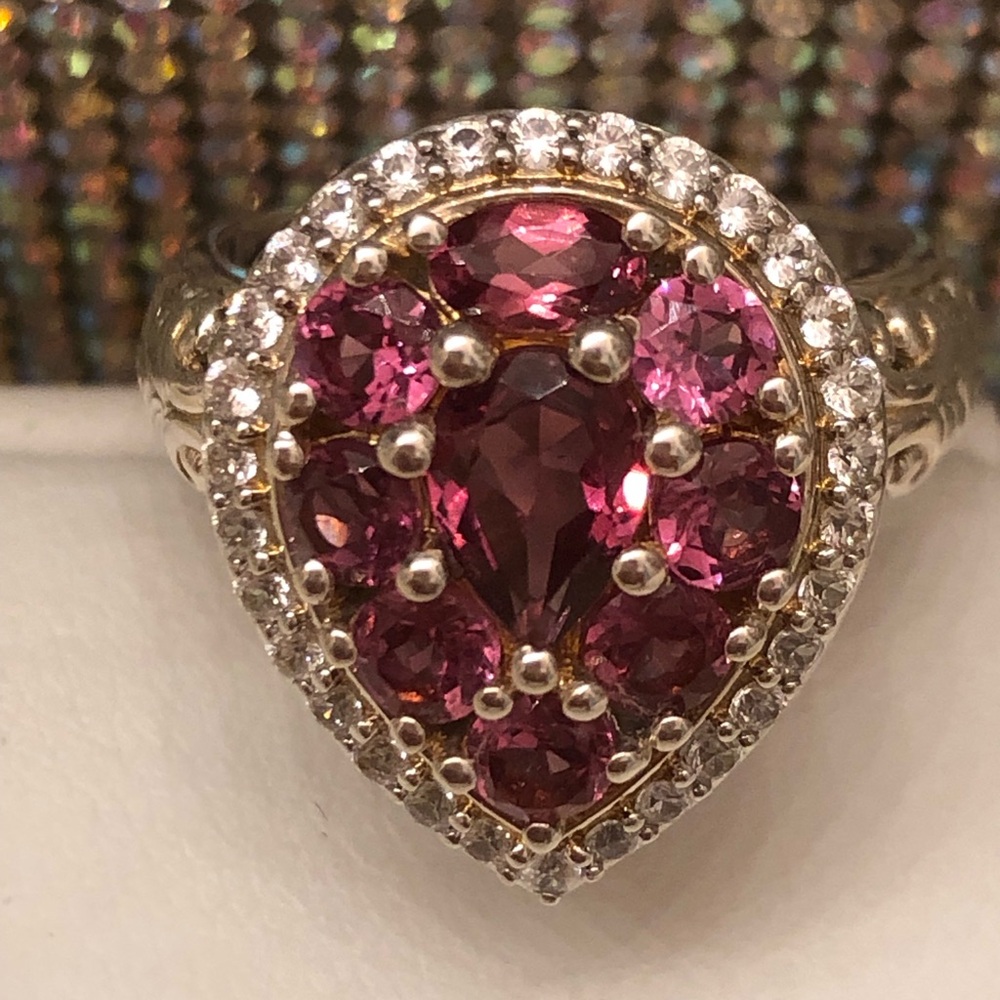 NWOT Rose Garnet Pear Shaped Ring with White Zircons in Palladium Silver